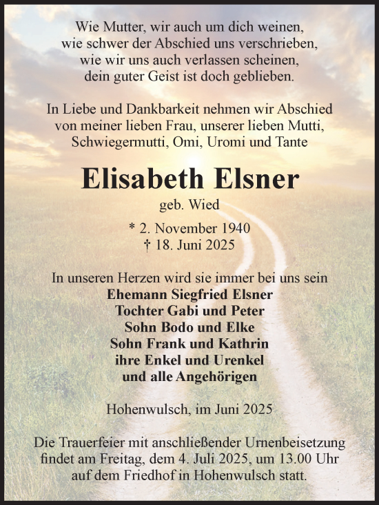 Traueranzeige von Elisabeth Elsner von Volksstimme Altmark Ost