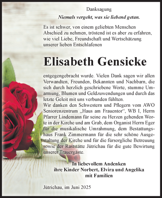 Traueranzeige von Elisabeth Gensicke von Volksstimme Zerbst