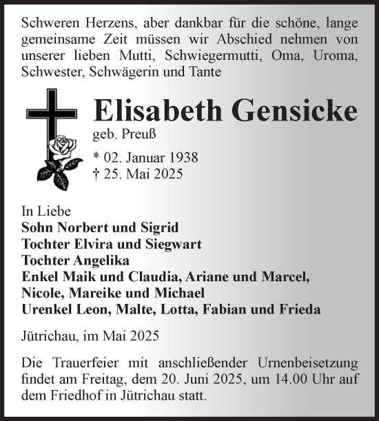 Traueranzeige von Elisabeth Gensicke von Volksstimme Zerbst