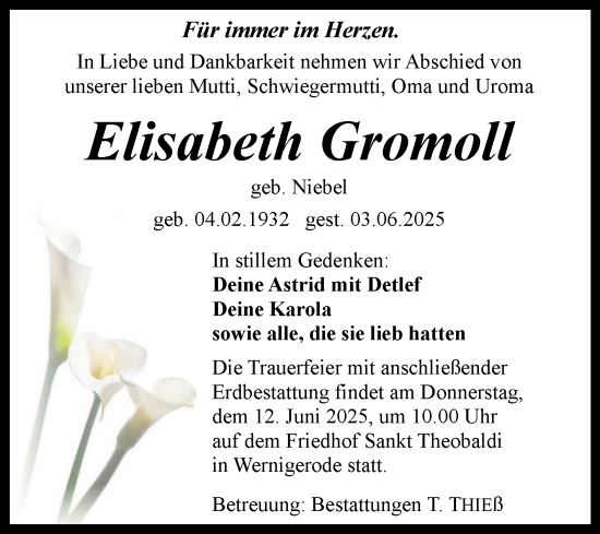 Traueranzeige von Elisabeth Gromoll von Volksstimme Wernigerode