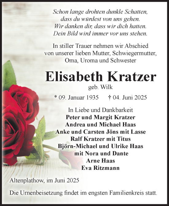 Traueranzeige von Elisabeth Kratzer von Volksstimme Burg/Genthin