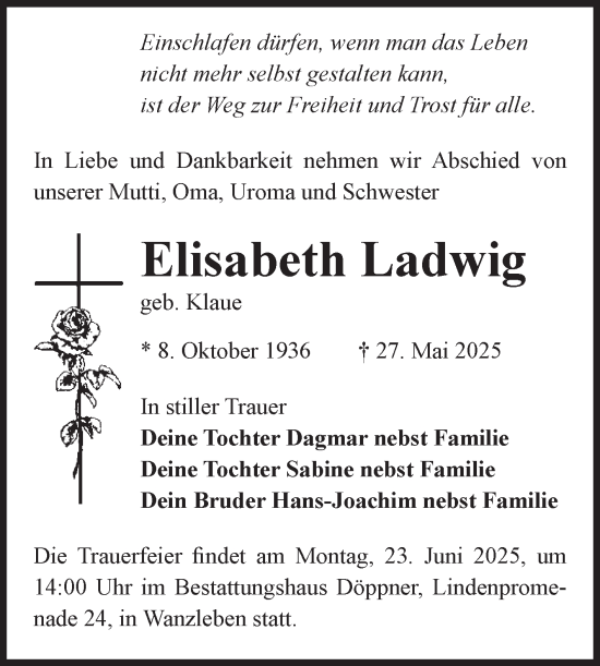 Traueranzeige von Elisabeth Ladwig von Volksstimme Oschersleben/Wanzleben