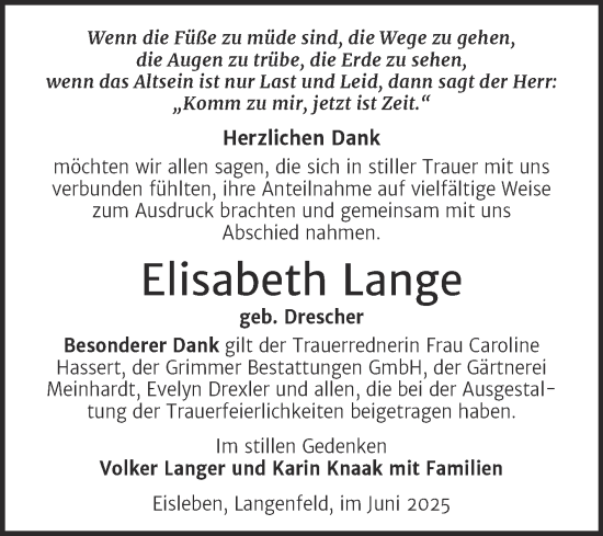 Traueranzeige von Elisabeth Lange von Trauerkombi Mansfelder Land