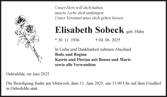 Traueranzeige von Elisabeth Sobeck von Volksstimme Altmark West