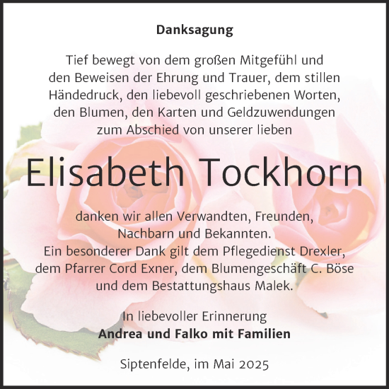 Traueranzeige von Elisabeth Tockhorn von Trauerkombi Quedlinburg