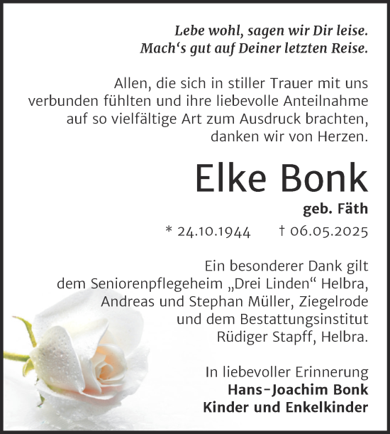Traueranzeige von Elke Bonk von Trauerkombi Mansfelder Land