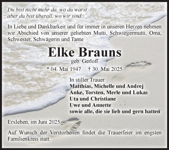 Traueranzeige von Elke Brauns von Volksstimme Haldensleben/Wolmirstedt