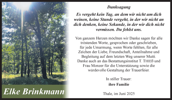 Traueranzeige von Elke Brinkmann von Trauerkombi Quedlinburg