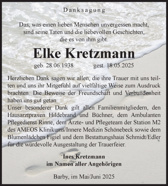 Traueranzeige von Elke Kretzmann von Volksstimme Schönebeck
