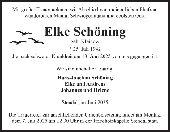 Traueranzeige von Elke Schöning von Volksstimme Altmark Ost