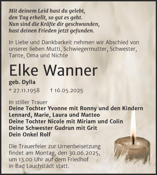 Traueranzeige von Elke Wanner von Trauerkombi Merseburg