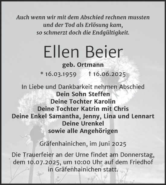 Traueranzeige von Ellen Beier von Trauerkombi Wittenberg