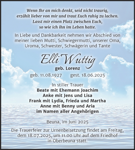 Traueranzeige von Elli Wuttig von Trauerkombi Merseburg