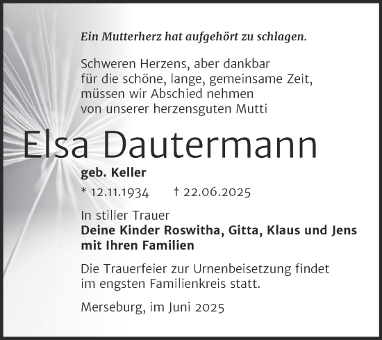 Traueranzeige von Elsa Dautermann von Trauerkombi Merseburg
