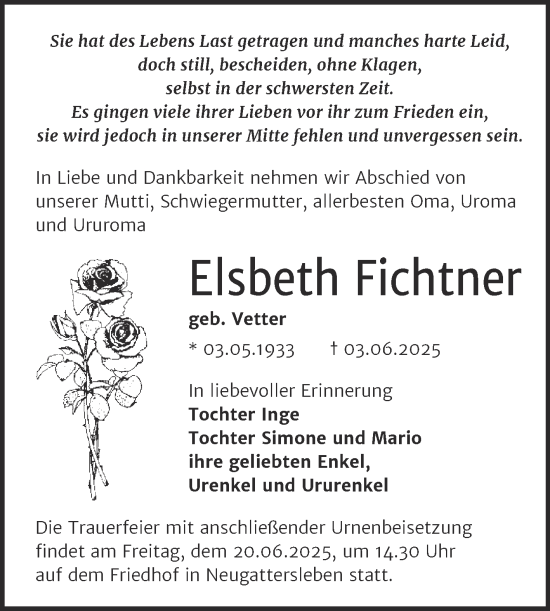 Traueranzeige von Elsbeth Fichtner von Trauerkombi Bernburg
