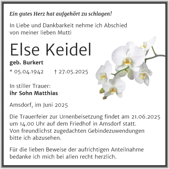 Traueranzeige von Else Keidel von Trauerkombi Mansfelder Land