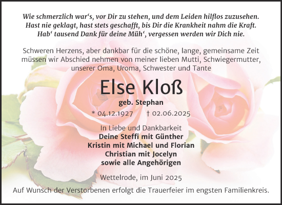 Traueranzeige von Else Kloß von Trauerkombi Sangerhausen