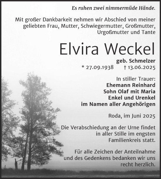 Traueranzeige von Elvira Weckel von Trauerkombi Zeitz