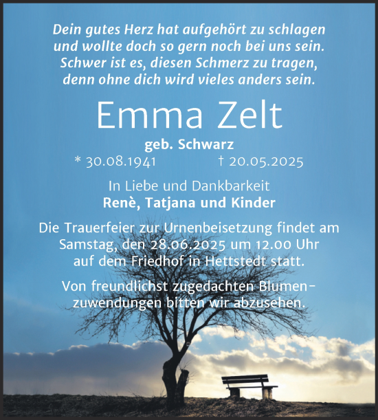 Traueranzeige von Emma Zelt von Trauerkombi Aschersleben
