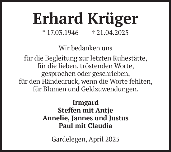 Traueranzeige von Erhard Krüger von Volksstimme Altmark West