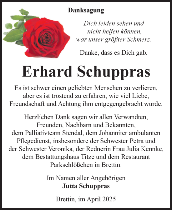Traueranzeige von Erhard Schuppras von Volksstimme Burg/Genthin