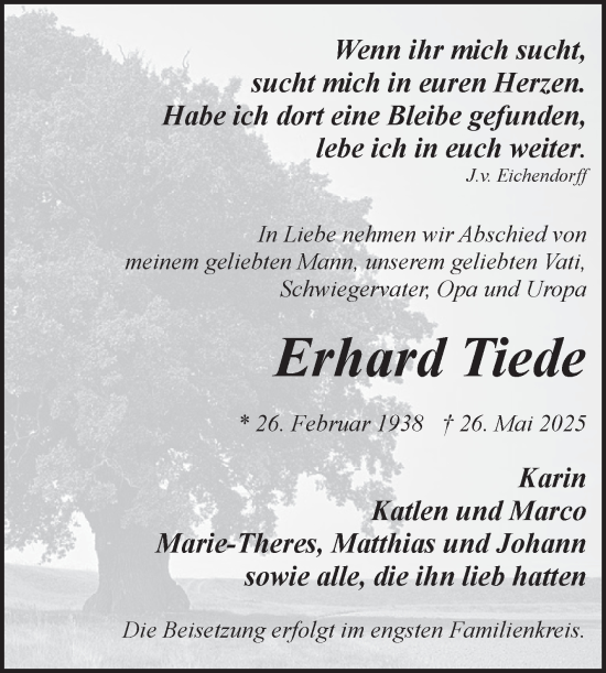 Traueranzeige von Erhard Tiede von Volksstimme Magdeburg