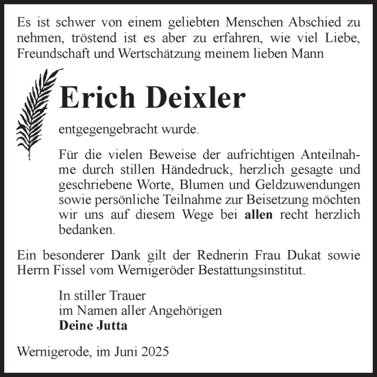 Traueranzeige von Erich Deixler von Volksstimme Wernigerode