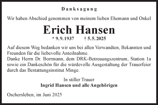 Traueranzeige von Erich Hansen von Volksstimme Oschersleben/Wanzleben