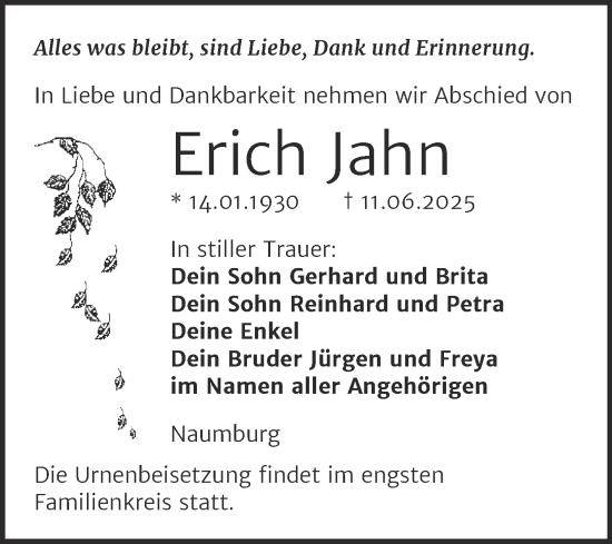 Traueranzeige von Erich Jahn von Super Sonntag Naumburg/Nebra