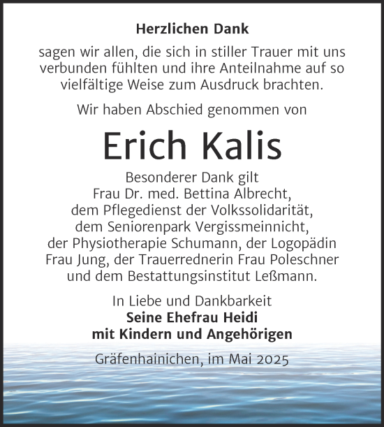 Traueranzeige von Erich Kalis von Trauerkombi Bitterfeld