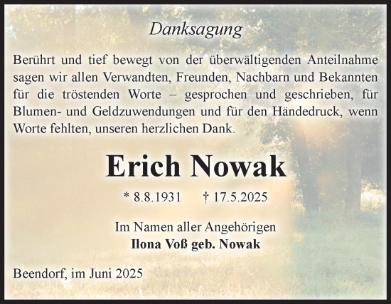 Traueranzeige von Erich Nowak von Volksstimme Haldensleben/Wolmirstedt