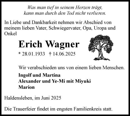 Traueranzeige von Erich Wagner von Volksstimme Haldensleben/Wolmirstedt