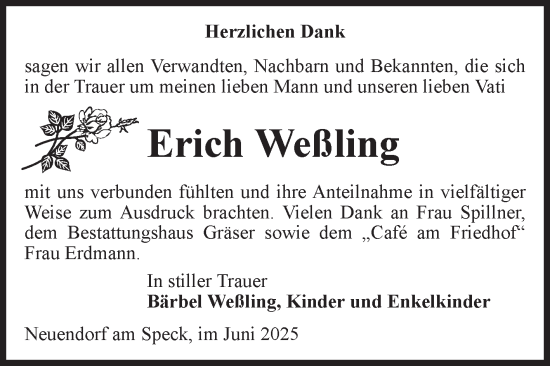 Traueranzeige von Erich Weßling von Volksstimme Altmark Ost