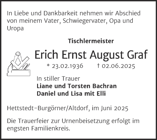 Traueranzeige von Erich Ernst August Graf von Trauerkombi Mansfelder Land