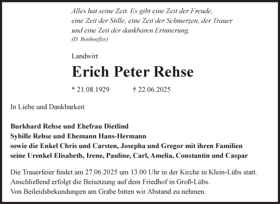 Traueranzeige von Erich Peter Rehse von Volksstimme Zerbst