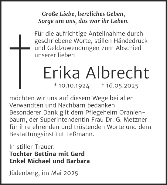 Traueranzeige von Erika Albrecht von Trauerkombi Wittenberg