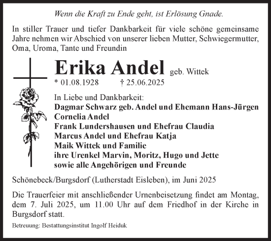 Traueranzeige von Erika Andel von Volksstimme Schönebeck