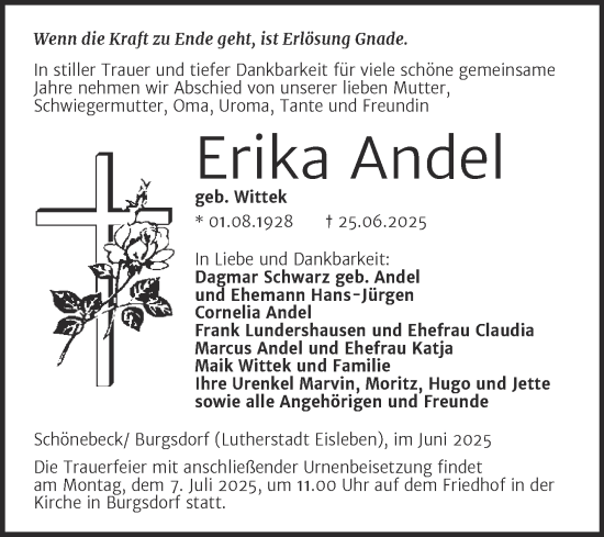 Traueranzeige von Erika Andel von Mitteldeutsche Zeitung Mansfelder Land