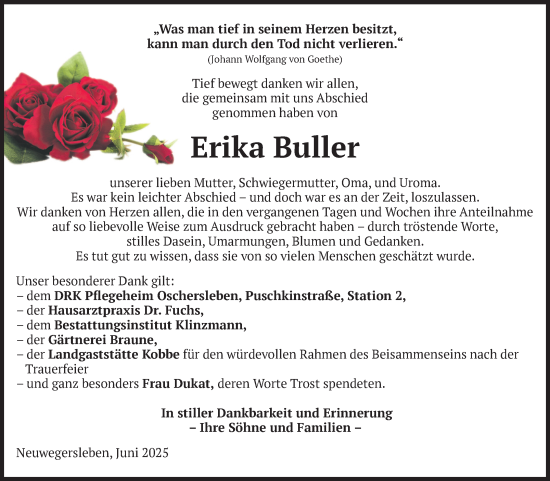 Traueranzeige von Erika Buller von Volksstimme Oschersleben/Wanzleben