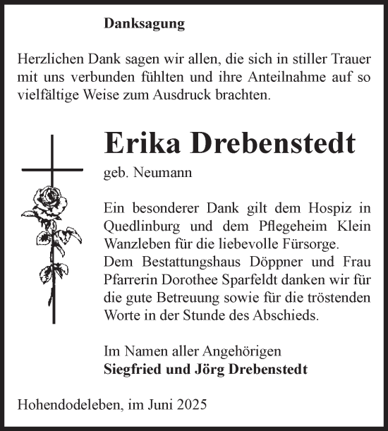 Traueranzeige von Erika Drebenstedt von Volksstimme Oschersleben/Wanzleben