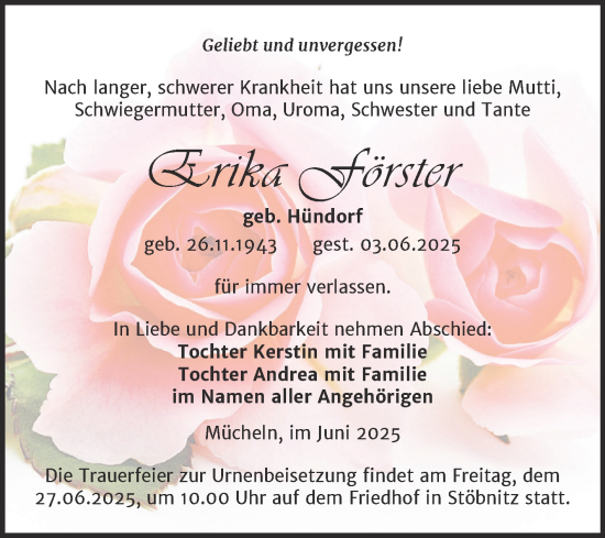 Traueranzeige von Erika Förster von Trauerkombi Merseburg