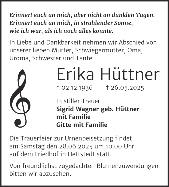 Traueranzeige von Erika Hüttner von Trauerkombi Mansfelder Land