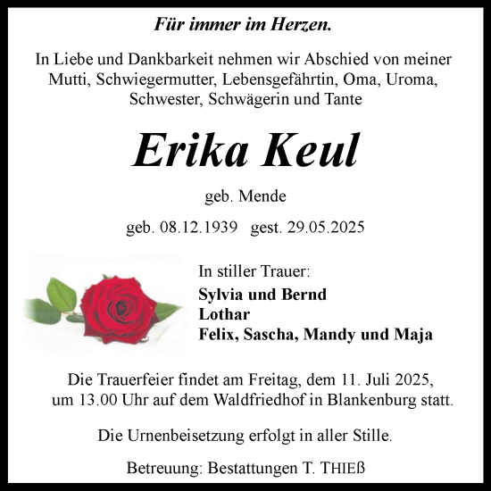 Traueranzeige von Erika Keul von Volksstimme Wernigerode