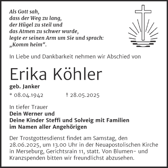 Traueranzeige von Erika Köhler von Trauerkombi Merseburg