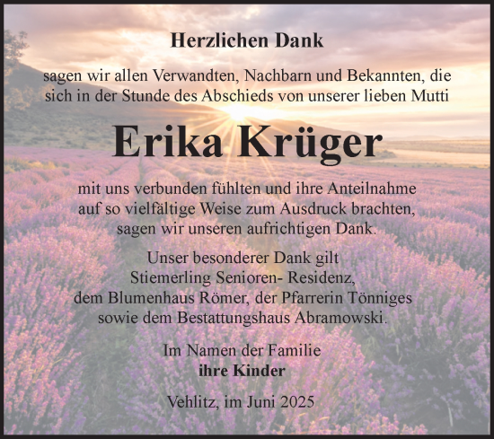 Traueranzeige von Erika Krüger von Volksstimme Burg/Genthin