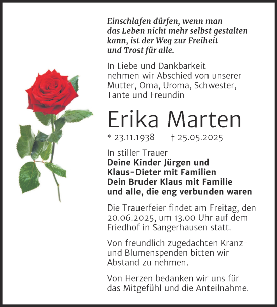 Traueranzeige von Erika Marten von Trauerkombi Sangerhausen