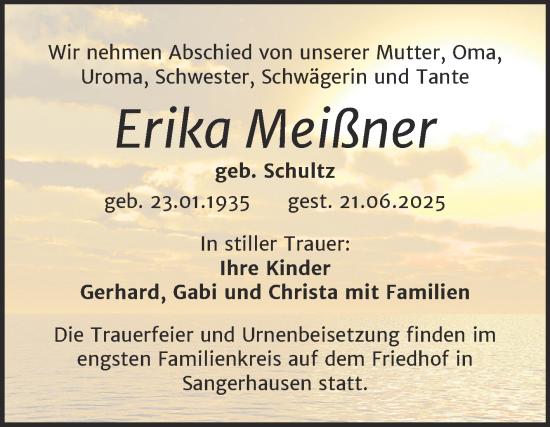 Traueranzeige von Erika Meißner von Trauerkombi Sangerhausen