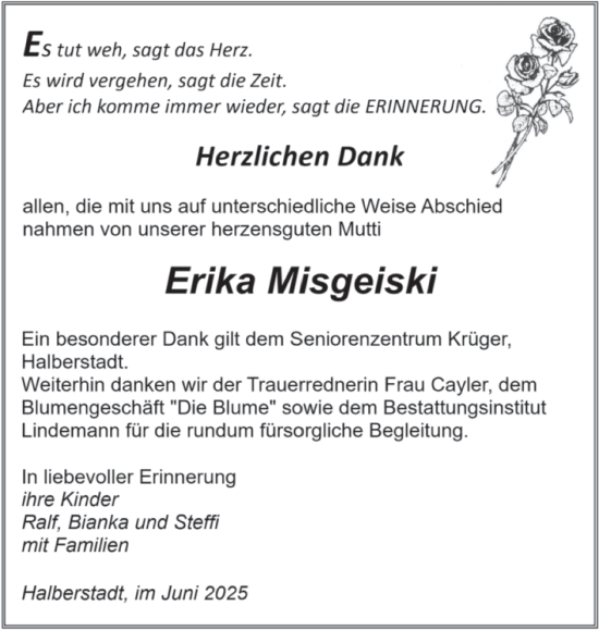 Traueranzeige von Erika  Misgeiski von Volksstimme Halberstadt