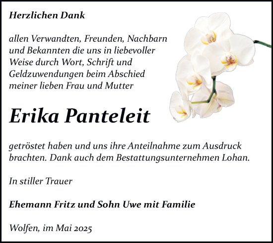 Traueranzeige von Erika Panteleit von Trauerkombi Bitterfeld