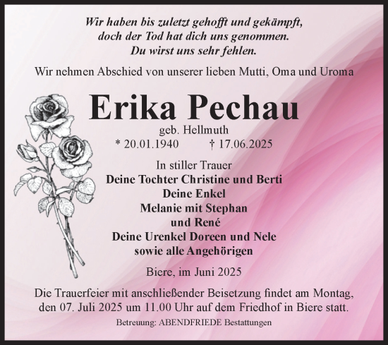 Traueranzeige von Erika Pechau von Volksstimme Schönebeck